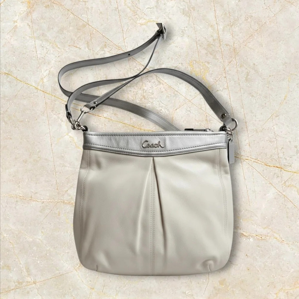 Coach Cream Pebbled Leather Crossbody Bag Silver Hardware Adjustable Strap